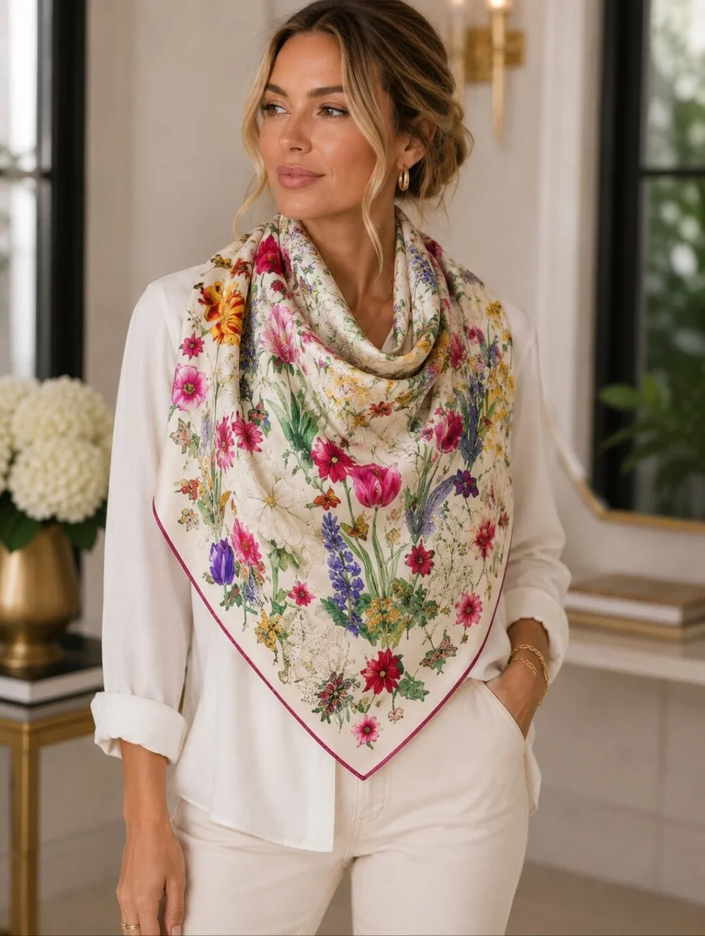 Floral Silk-Feel Scarf Headscarf – Purse Accessory Cream Floral Pattern